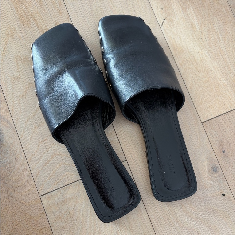 ALOHAS Black Leather Mules with Silver Accents - Picture 2 of 3